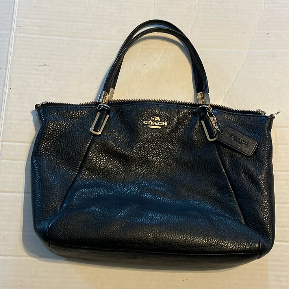 Coach-black-refined pebble leather, inside, zip pocket, zip top closure handbag.